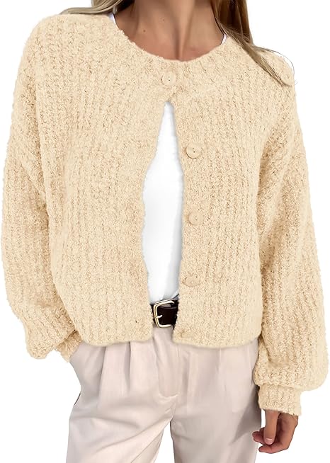 Women's Chunky Knit Fall Cardigan 2025 Winter Long Sleeve Button Down Soft Loose Cropped Sweater Outwear