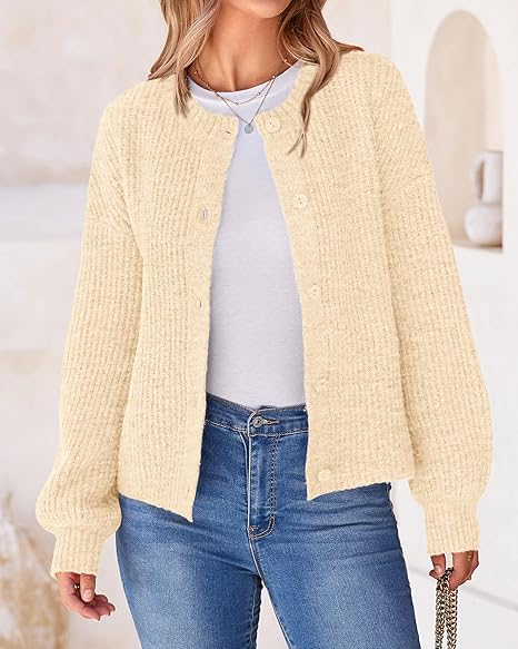Women's Chunky Knit Fall Cardigan 2025 Winter Long Sleeve Button Down Soft Loose Cropped Sweater Outwear