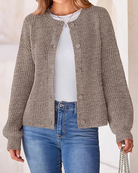 Women's Chunky Knit Fall Cardigan 2025 Winter Long Sleeve Button Down Soft Loose Cropped Sweater Outwear