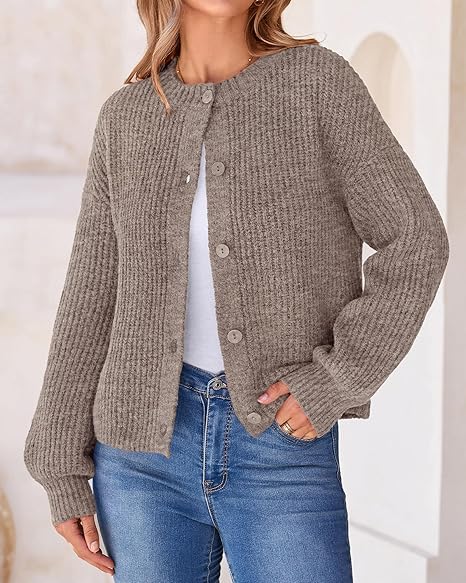Women's Chunky Knit Fall Cardigan 2025 Winter Long Sleeve Button Down Soft Loose Cropped Sweater Outwear